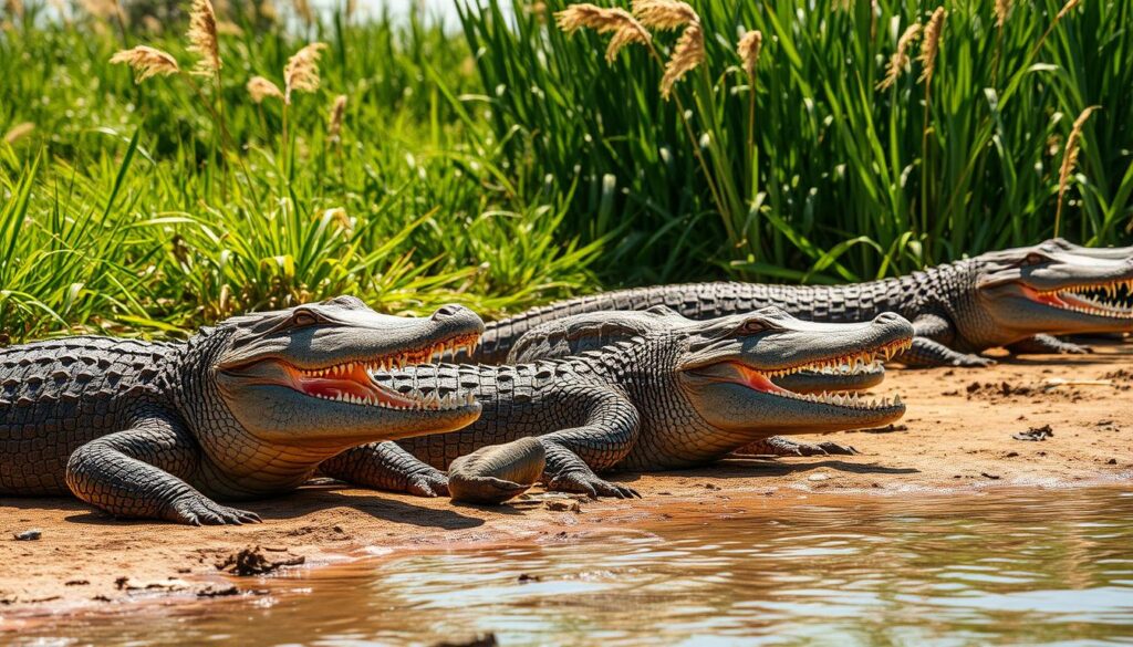 Nile crocodiles Agadir basking in their habitat Nile crocodiles Agadir basking in their habitat